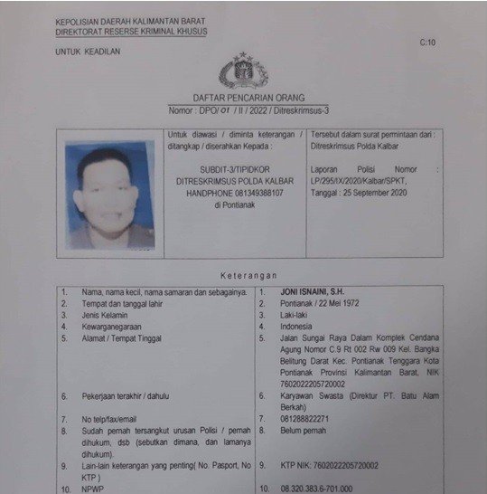 Keterangan foto: Penerbitan status DPO kepada Joni Isnaini oleh Polda Kalbar. (Internet/Istimewa)