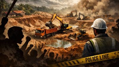 PT Satria Multi Sukses (SMS) menggarap lahan petani mitra untuk galian C tanah laterit di Sebangki, Landak, Kalbar. Sawit ditebang, batang dikubur, bagi hasil hilang. Petani menuntut izin dan keadilan.