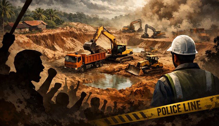 PT Satria Multi Sukses (SMS) menggarap lahan petani mitra untuk galian C tanah laterit di Sebangki, Landak, Kalbar. Sawit ditebang, batang dikubur, bagi hasil hilang. Petani menuntut izin dan keadilan.